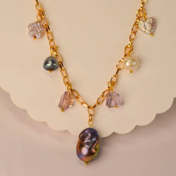 Pearl & Ametrine Charm Necklace - 16.5" to 18.5" - Picture 4 of 8